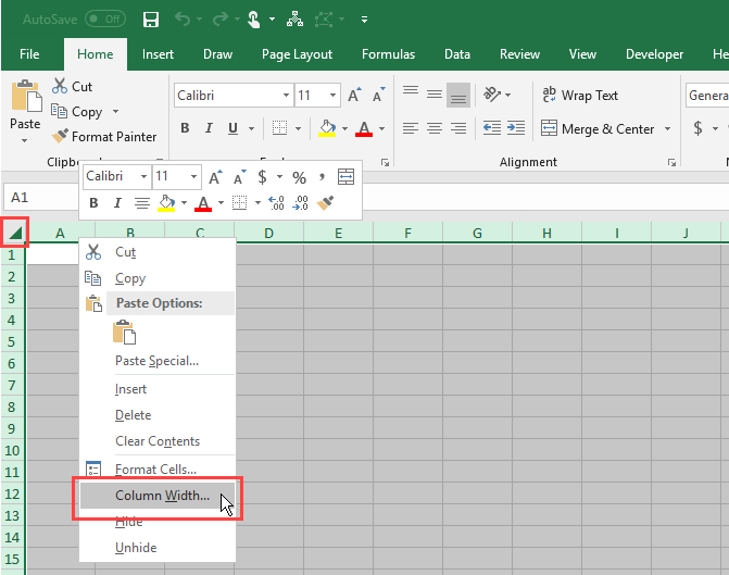 Выделите все ячейки, затем выберите Ширина столбца в Excel
