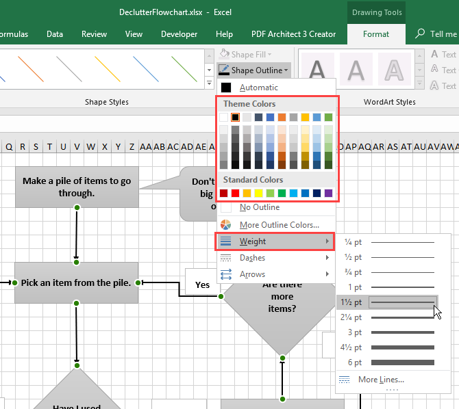 Изменение цвета и веса для соединительных линий на потоковой диаграмме в Excel