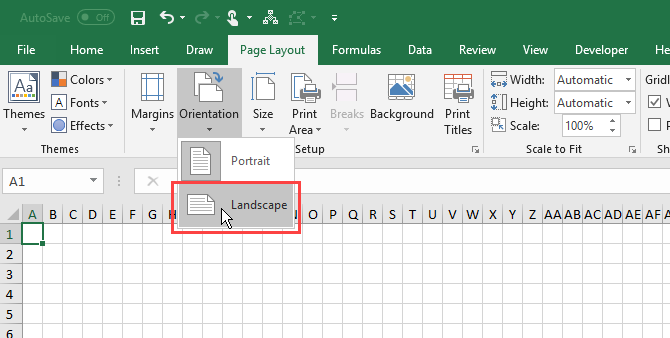Изменить ориентацию страницы в Excel