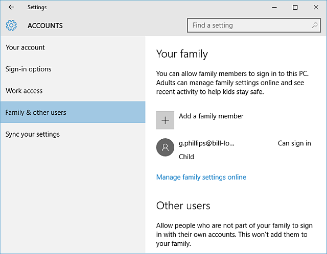 Семейная учетная запись Windows 10