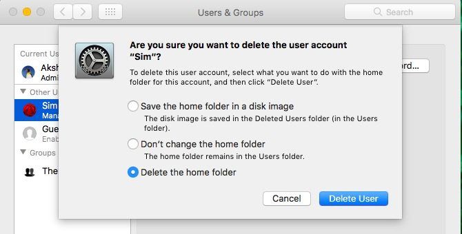 Mac удалить пользователя