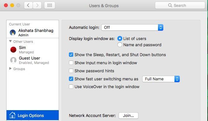 параметры входа в Mac