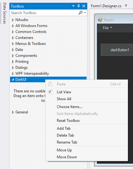 Выбор элементов пользовательского набора инструментов Visual Studio