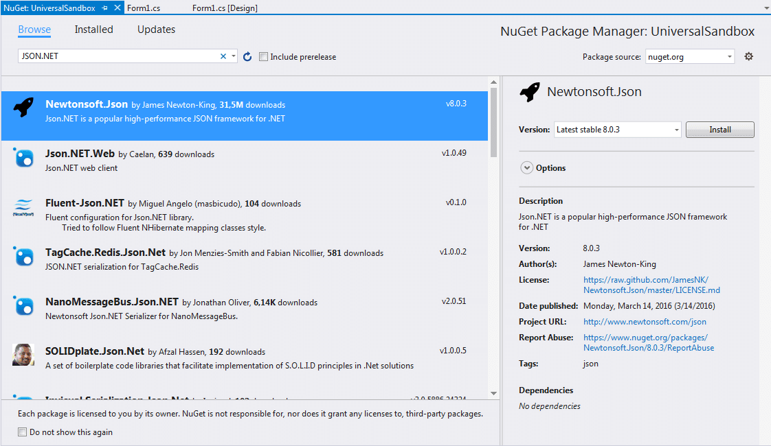 Менеджер пакетов Json.NET NuGet