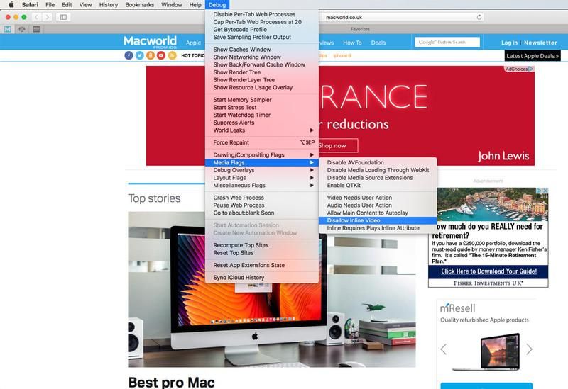 Как остановить автозапуск видео в Safari & Chrome на Mac: меню «Отладка»