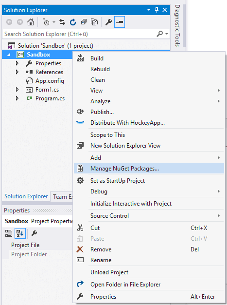 Менеджер пакетов NuGet проекта Visual Studio
