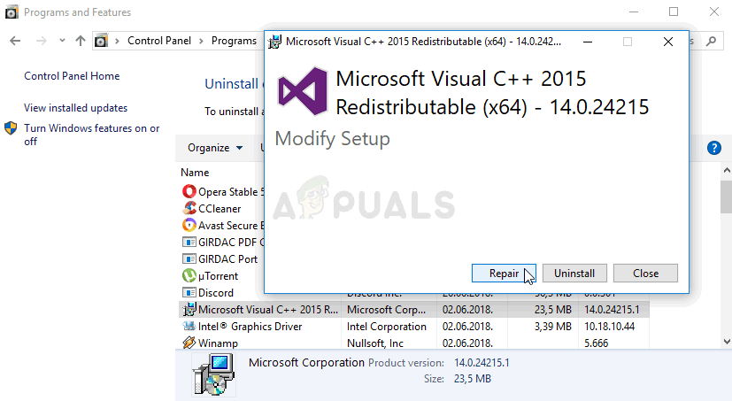 Восстановить распространяемый Microsoft Visual C ++