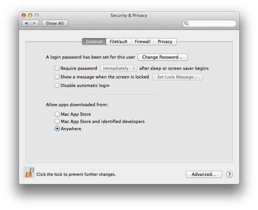 Mac OS X Разрешить загрузку приложений из любого места