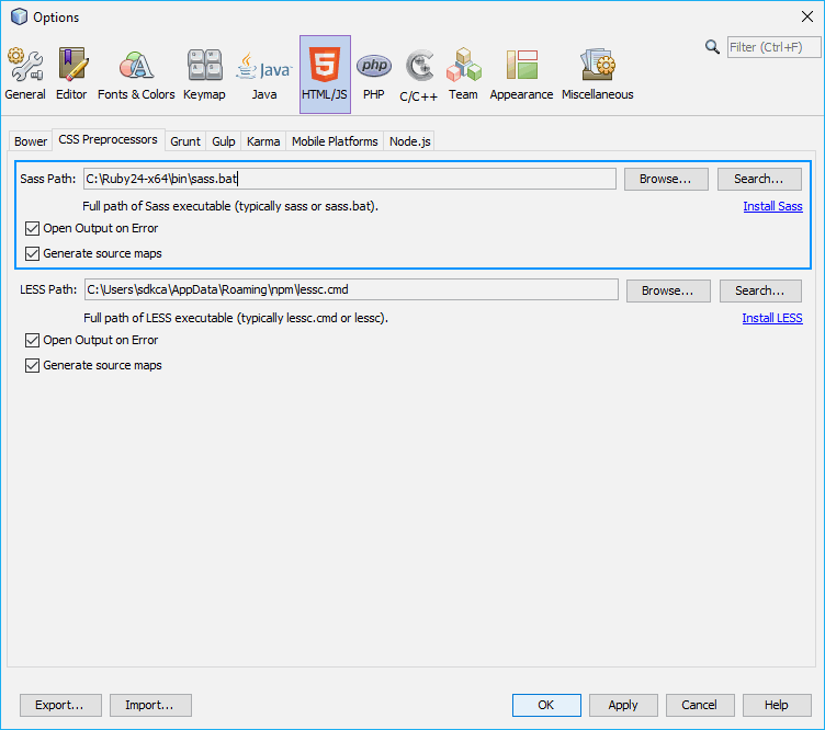 SASS Настройка пути к исполняемому файлу в Netbeans в Windows