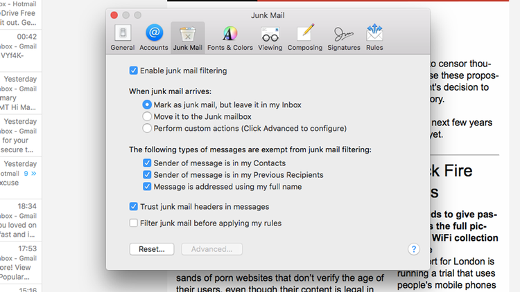 как фильтровать спам в Mac Mail