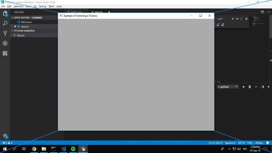 Центральное окно на экране с WxPython