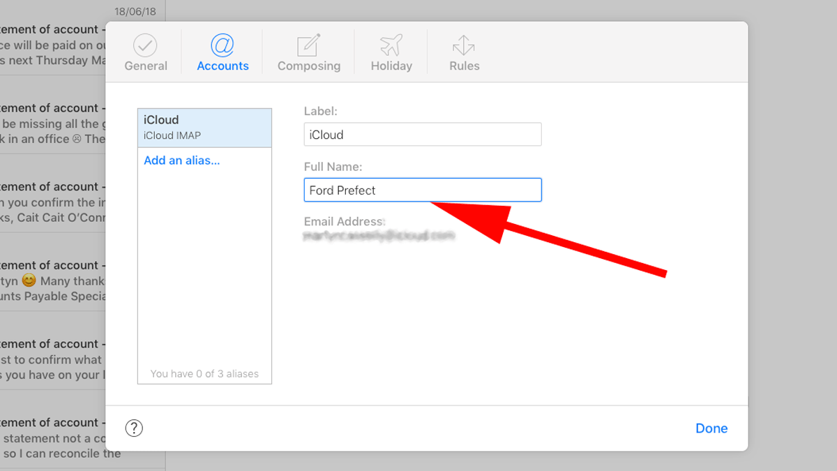 Как изменить имя отправителя электронной почты в Apple Mail: iCloud