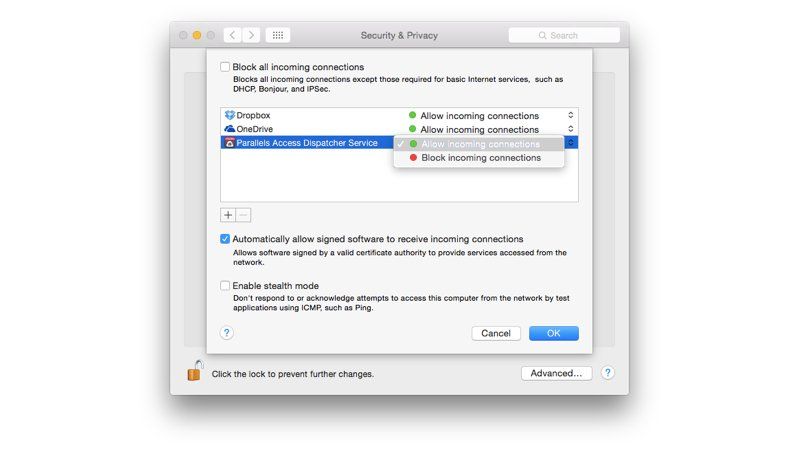 Использование безопасности для разрешения входящего доступа в брандмауэре OS X