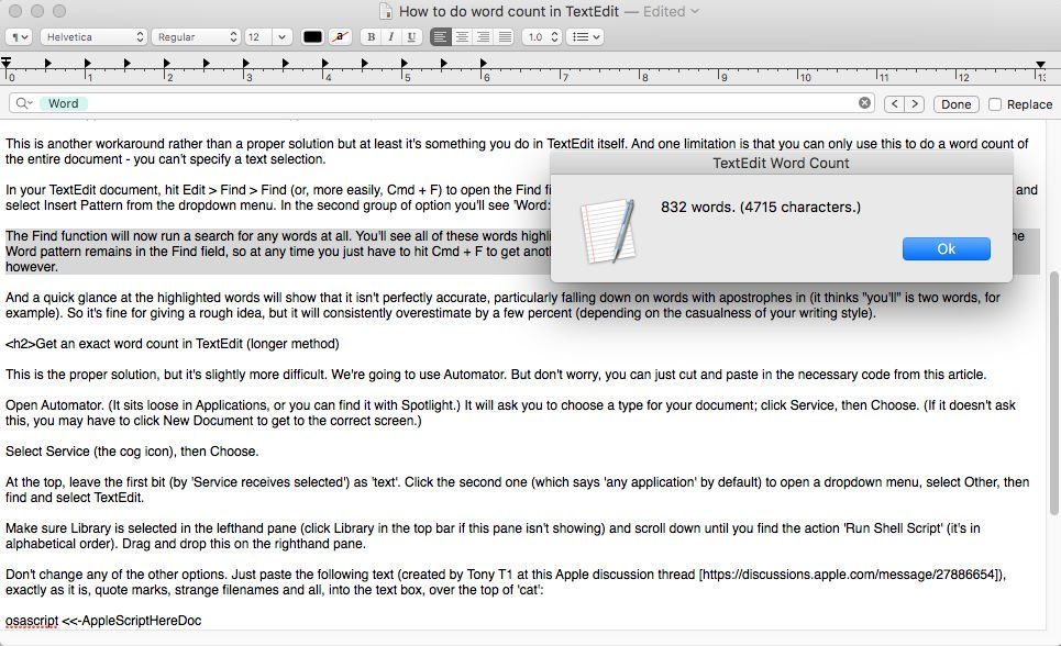 Как сделать подсчет слов в TextEdit на Mac: Automator