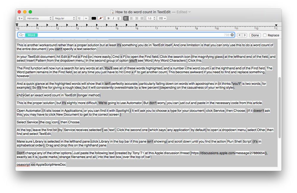 Как сделать подсчет слов в TextEdit на Mac: Найти
