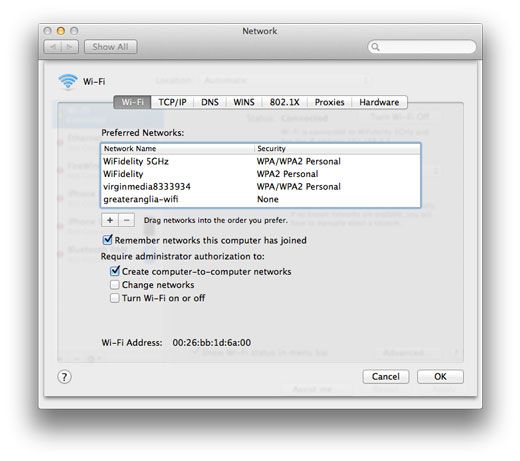 Отключить специальную сеть в Mac OS X