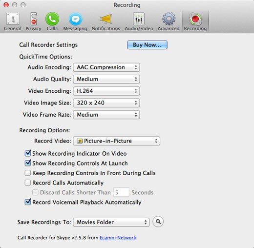 Запись звонков для настроек Skype в Mac