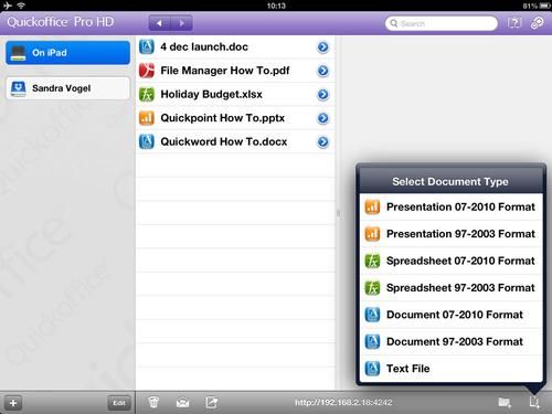 Quickoffice Pro HD iPad выберите тип файла