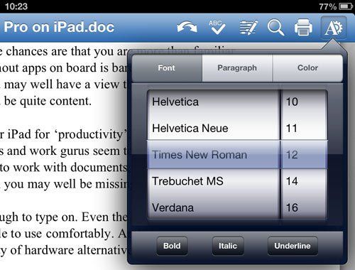 Quickoffice Pro HD iPad выберите шрифт и размер
