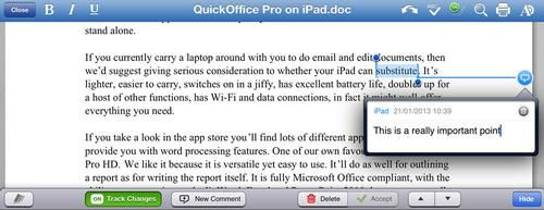 Quickoffice Pro HD iPad отслеживает изменения