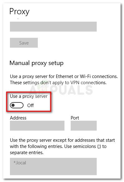 Отключить переключатель, связанный с Использовать прокси-сервер