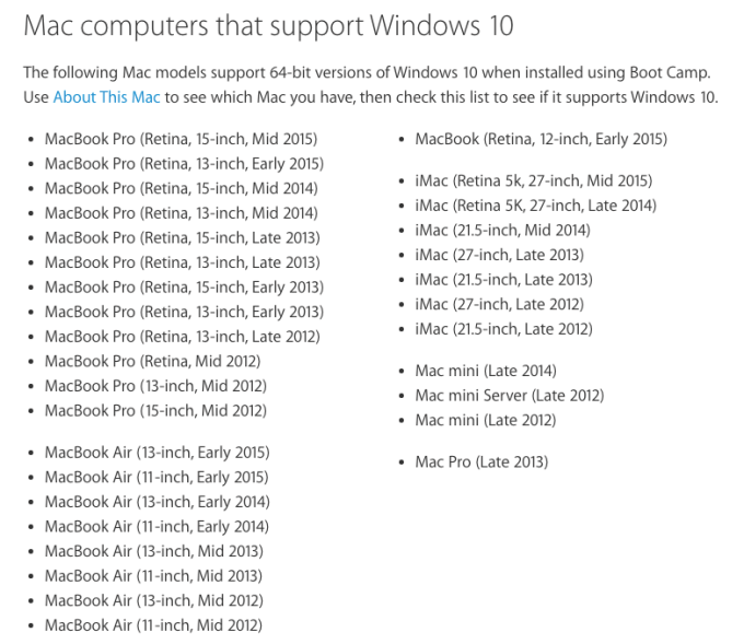 компьютеры Mac, которые поддерживают Windows 10