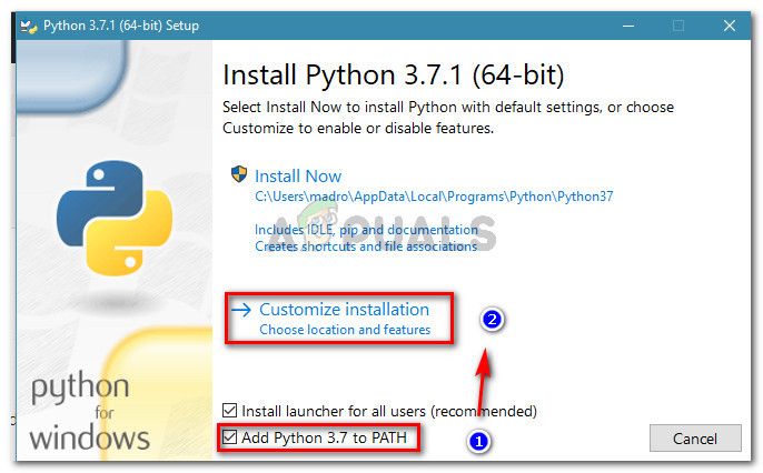 Убедитесь, что Python добавлен в PATH, затем нажмите «Настройка установки».