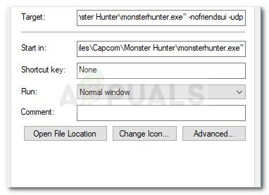 Добавление параметров -nofriendsui -UDP или -nofriendsui -tcp в Monster Hunter: ярлык 