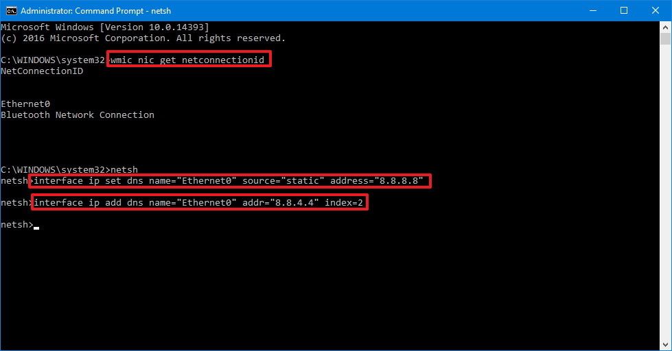 Напишите интерфейс ip set dns name ="ADAPTER-NAME" source="static" address="X.X.X.X command