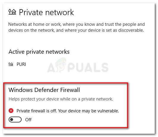 Отключите брандмауэр Защитника Windows для своей частной сети