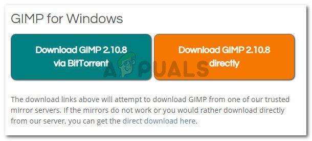 Загрузка исполняемого файла установки GIMP