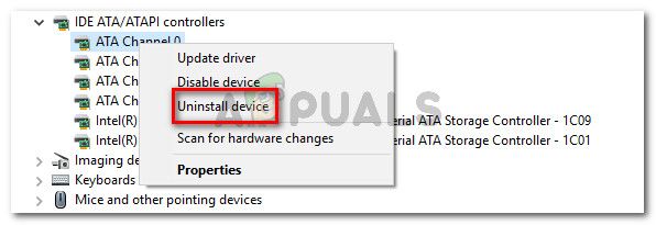Щелкните правой кнопкой мыши канал ATA и выберите «Удалить устройство».