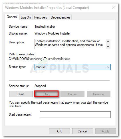 Остановите службу установщика модулей Windows