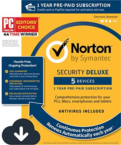 Norton Security Deluxe - антивирусное программное обеспечение для 5 устройств с автоматическим продлением, требуется способ оплаты - предоплаченная подписка на 1 год [загрузка на ПК / Mac / для мобильных устройств]