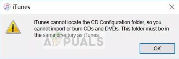iTunes не может найти папку конфигурации CD в Windows 10