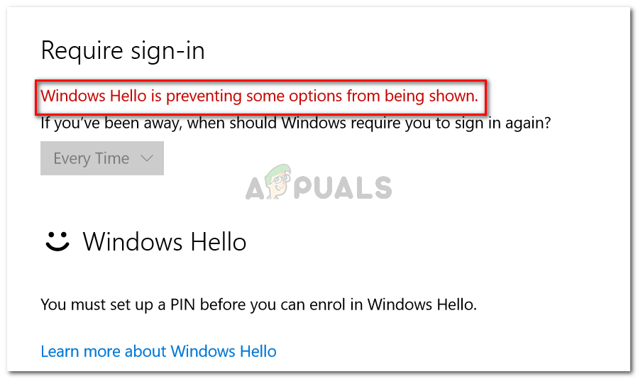 Windows Hello не позволяет отображать некоторые параметры