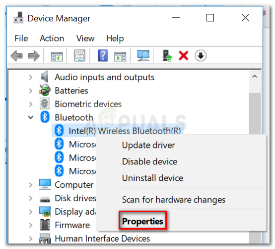 Щелкните правой кнопкой мыши на записи вашего адаптера Bluetooth и выберите Свойства