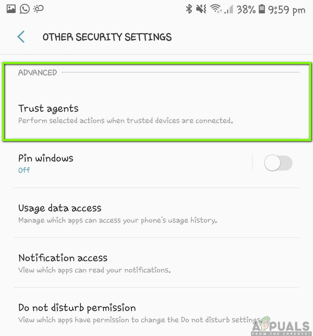 Нажатие доверенных агентов - другие параметры безопасности в Android