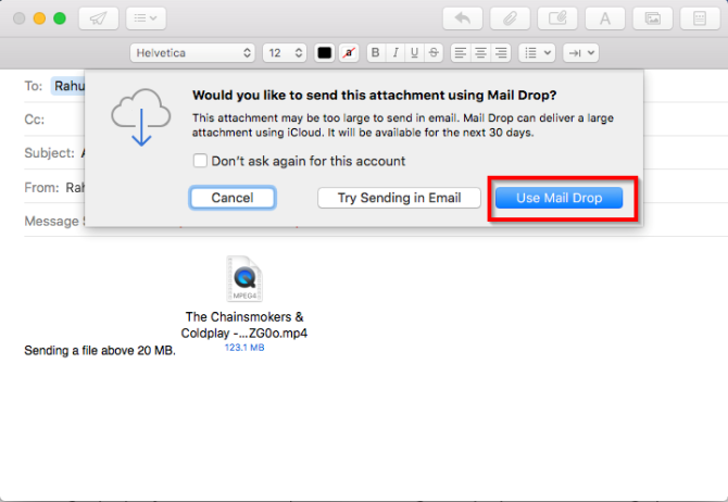 использовать почту для прикрепления больших файлов в Apple Mail