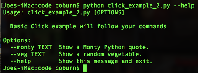 Python Click автоматически сгенерированный экран справки