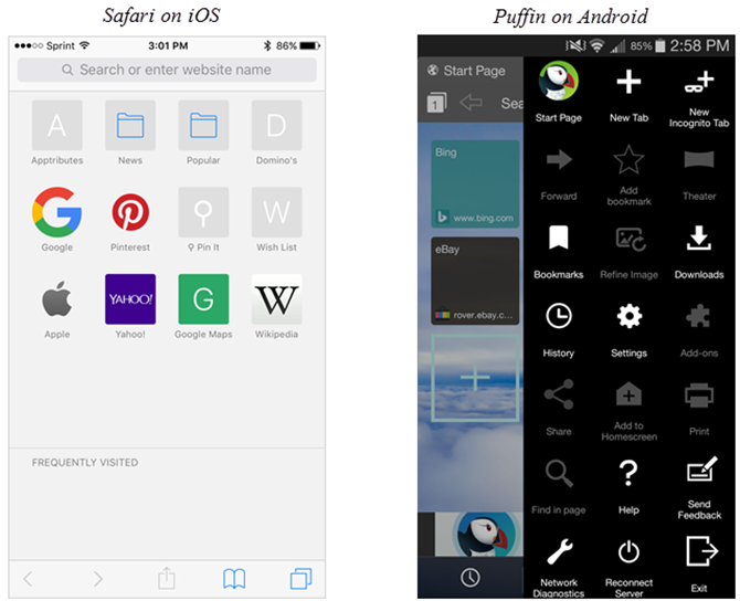Safari для iOS и Puffin для мобильных браузеров Android