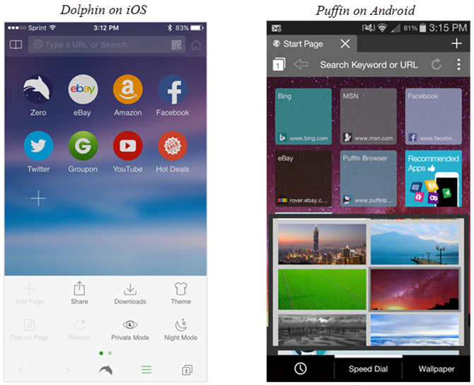 Dolphin для iOS и Puffin для мобильных браузеров Android
