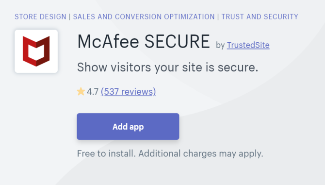 Приложение McAfee Secure Shopify Security