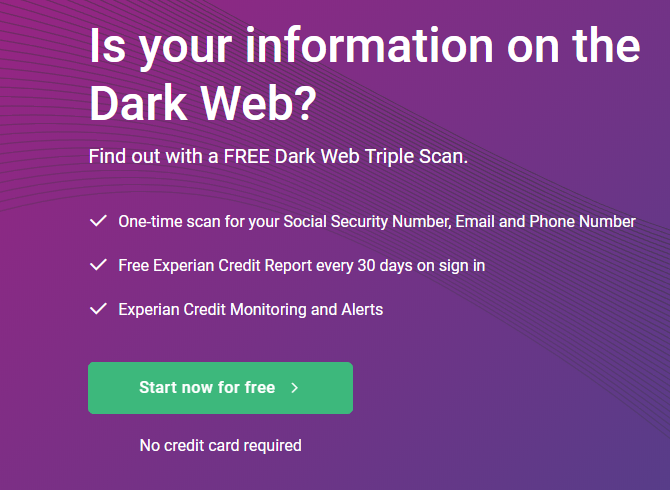Experian Dark Веб-страница с информацией о сканировании