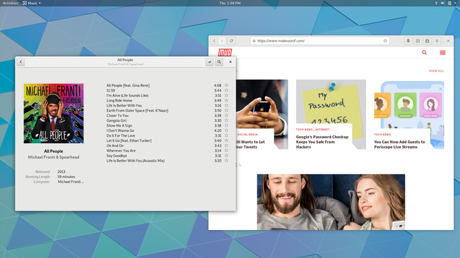 Рабочий стол GNOME, отображающий музыку и веб-приложения GNOME