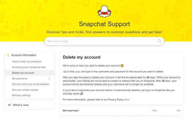 Snapchat удалить аккаунт