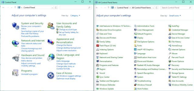 Категория панели управления и вид значков