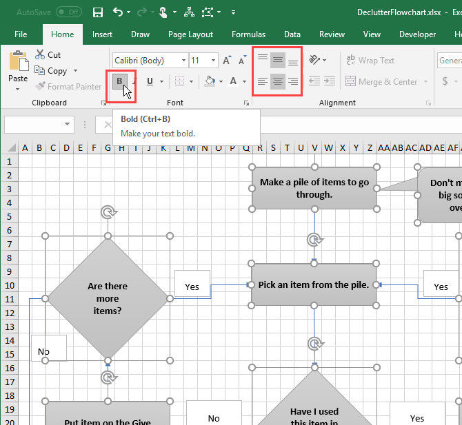 Отформатируйте текст в фигурах, используя вкладку «Главная» в Excel