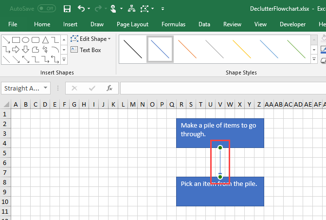Нарисуйте соединительную линию на блок-схеме в Excel
