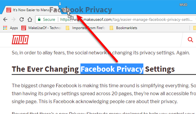 Перетащите текст на панель вкладок для поиска в Chrome